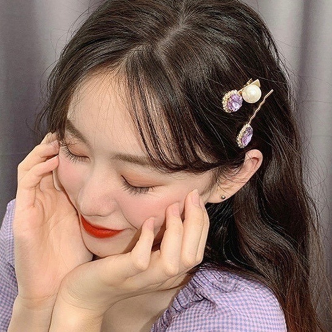 【人気】ヘアピン　キラキラ　紫　パール　パーティー　ゴールド　韓国 レディースのヘアアクセサリー(ヘアピン)の商品写真