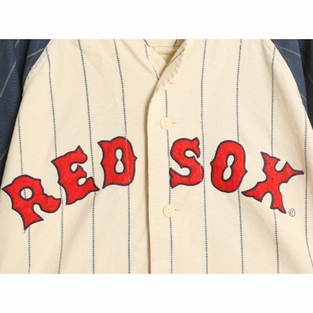 MLB オフィシャル MIRAGE レッドソックス ベースボール シャツ メンズ XL 程/ 古着 ユニフォーム ゲームシャツ メジャーリーグ ストライプ スポーツ/アウトドアの野球(ウェア)の商品写真