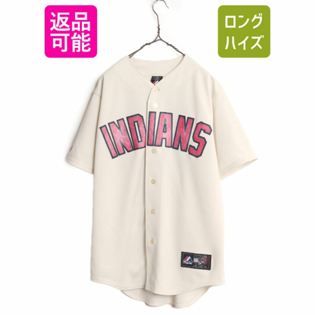 MLB オフィシャル Majestic インディアンズ ベースボール シャツ メンズ M / ユニフォーム ゲームシャツ メジャーリーグ 半袖シャツ 重ね着 スポーツ/アウトドアの野球(ウェア)の商品写真