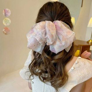 ビッグリボン バレッタ 韓国 ヘアアクセサリー 花柄 シフォンバレッタ 大きめ(バレッタ/ヘアクリップ)