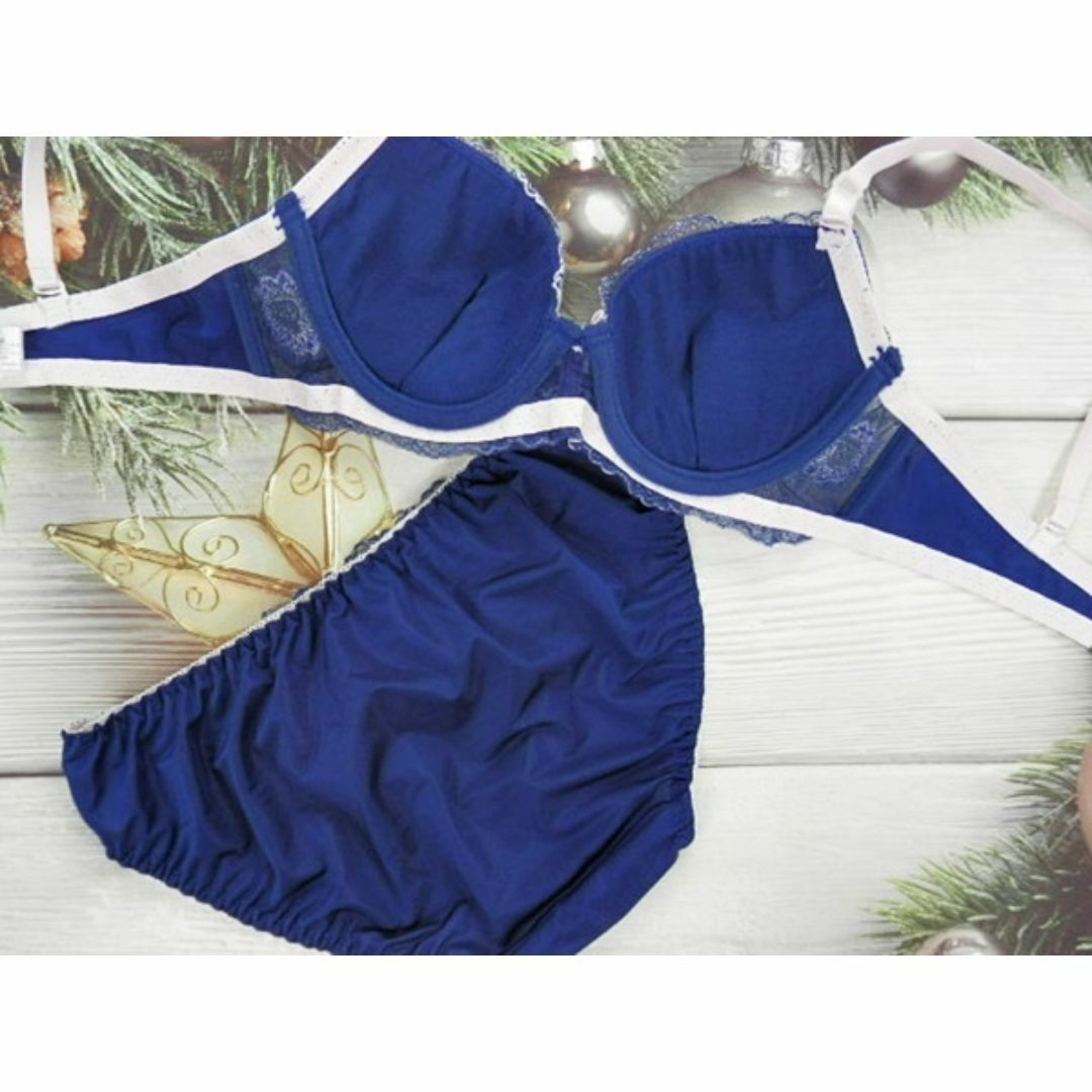 c104 C75/M ブラ＆ショーツセット 下着 紺系 花刺繍 リボン レディースの下着/アンダーウェア(ブラ&ショーツセット)の商品写真