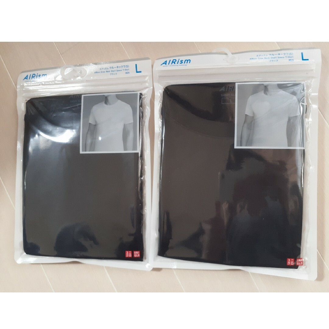 UNIQLO(ユニクロ)のユニクロ　エアリズム　L　黒　クルーネック　T　半袖　２枚セット メンズのトップス(Tシャツ/カットソー(半袖/袖なし))の商品写真