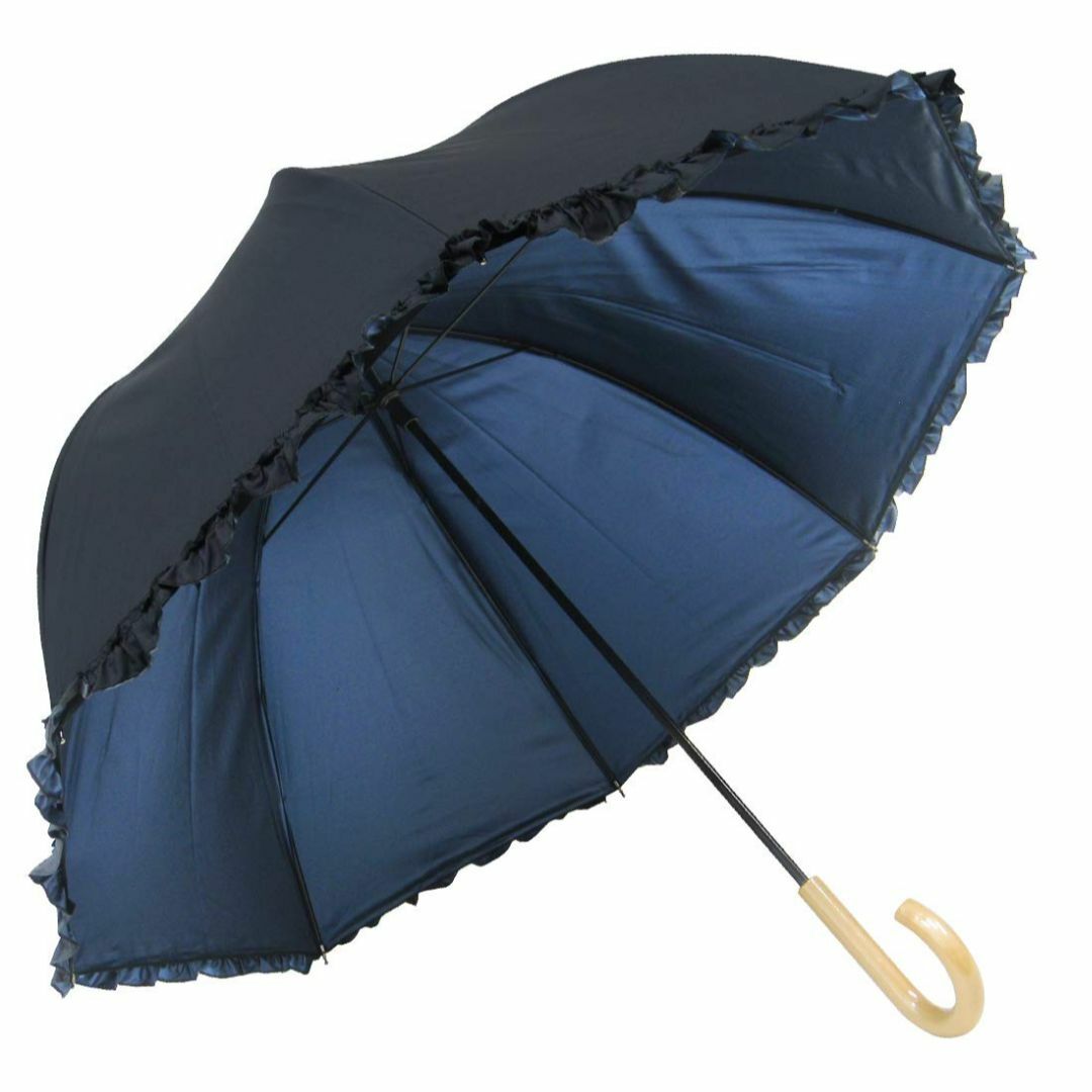 【色: 紺】日光を遮断！ 軽量ＬLサイズ 晴雨兼用フリル付日傘 ドーム型 生地裏 レディースのファッション小物(その他)の商品写真