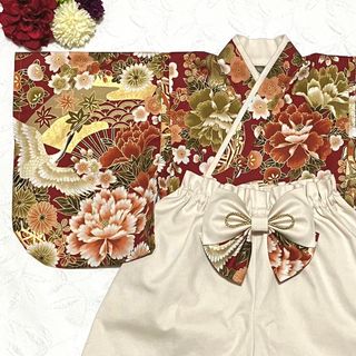 ベビー袴　ハンドメイド　70〜80cm  鶴と扇　金彩　アイボリー　(和服/着物)