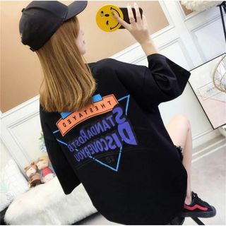 オーバーTシャツ 韓国　オーバーサイズ　ロゴ入り　半袖　ブラック ゆったり(Tシャツ(半袖/袖なし))