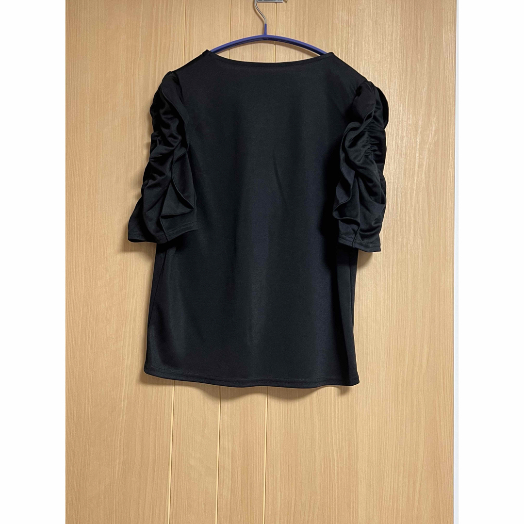 リブカットソーショルダーギャザートップス　ブラック レディースのトップス(シャツ/ブラウス(半袖/袖なし))の商品写真