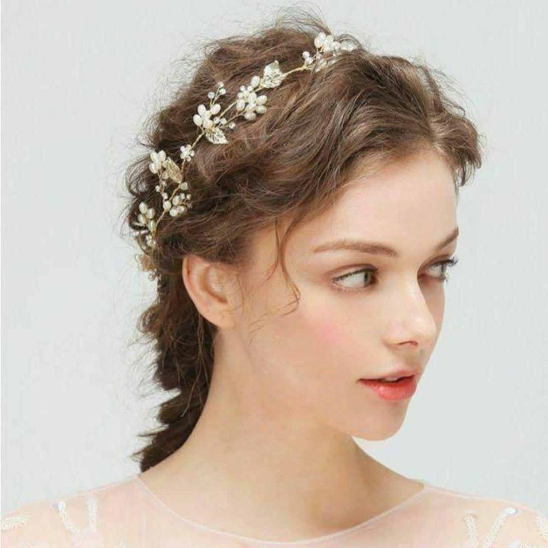 【新品】ウェディング ヘッドドレス ゴールド 花嫁 小枝アクセサリー ロング レディースのヘアアクセサリー(その他)の商品写真