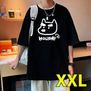 XXL メンズ オーバーサイズ Tシャツ 犬 ドックプリント カジュアル 黒(Tシャツ/カットソー(半袖/袖なし))
