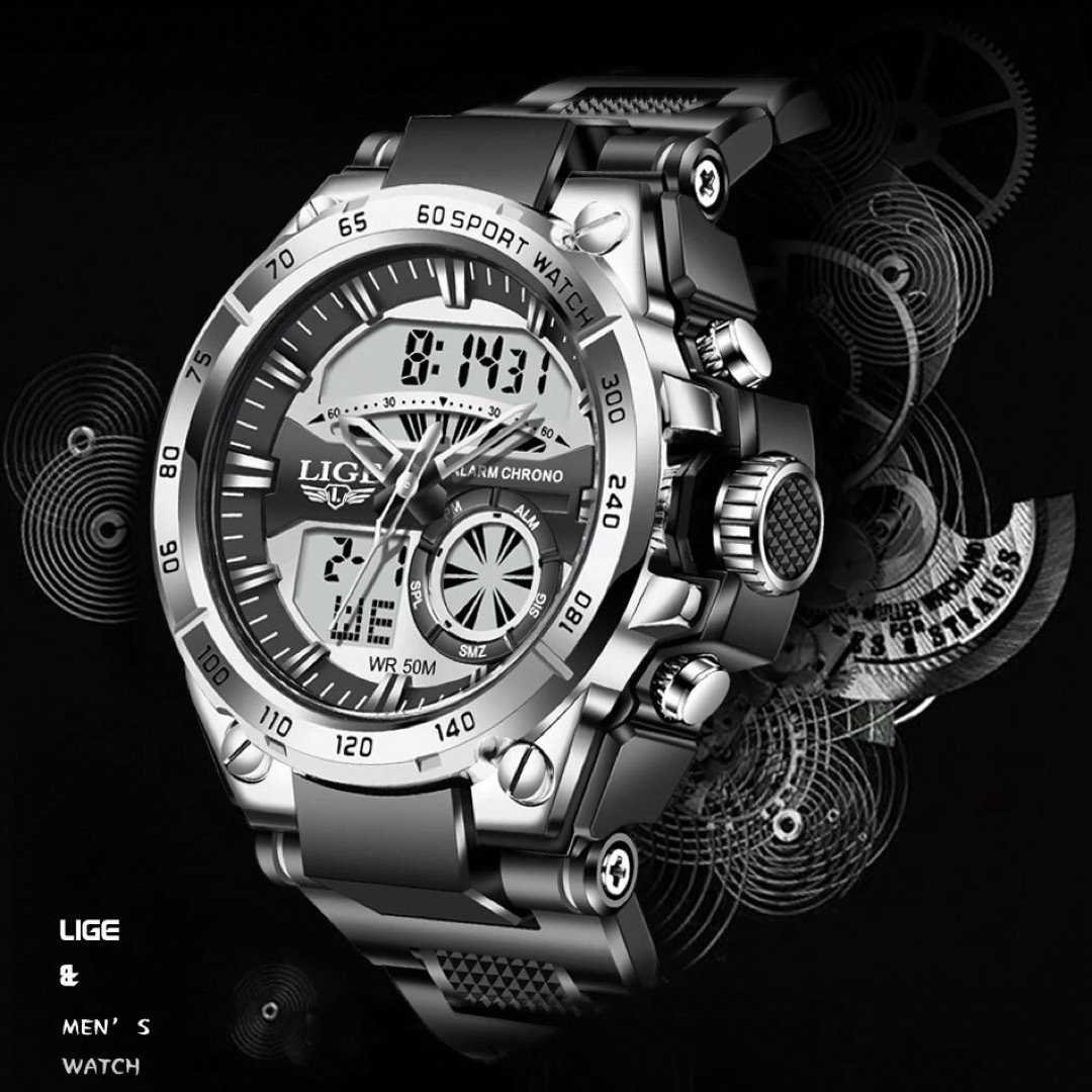 新品 LIGE スポーツデュアルウォッチ 50m防水メンズ腕時計 シルバーNEW メンズの時計(腕時計(アナログ))の商品写真