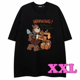 XXL メンズ オーバーサイズ Tシャツ くまWARNING カジュアル 黒(Tシャツ/カットソー(半袖/袖なし))