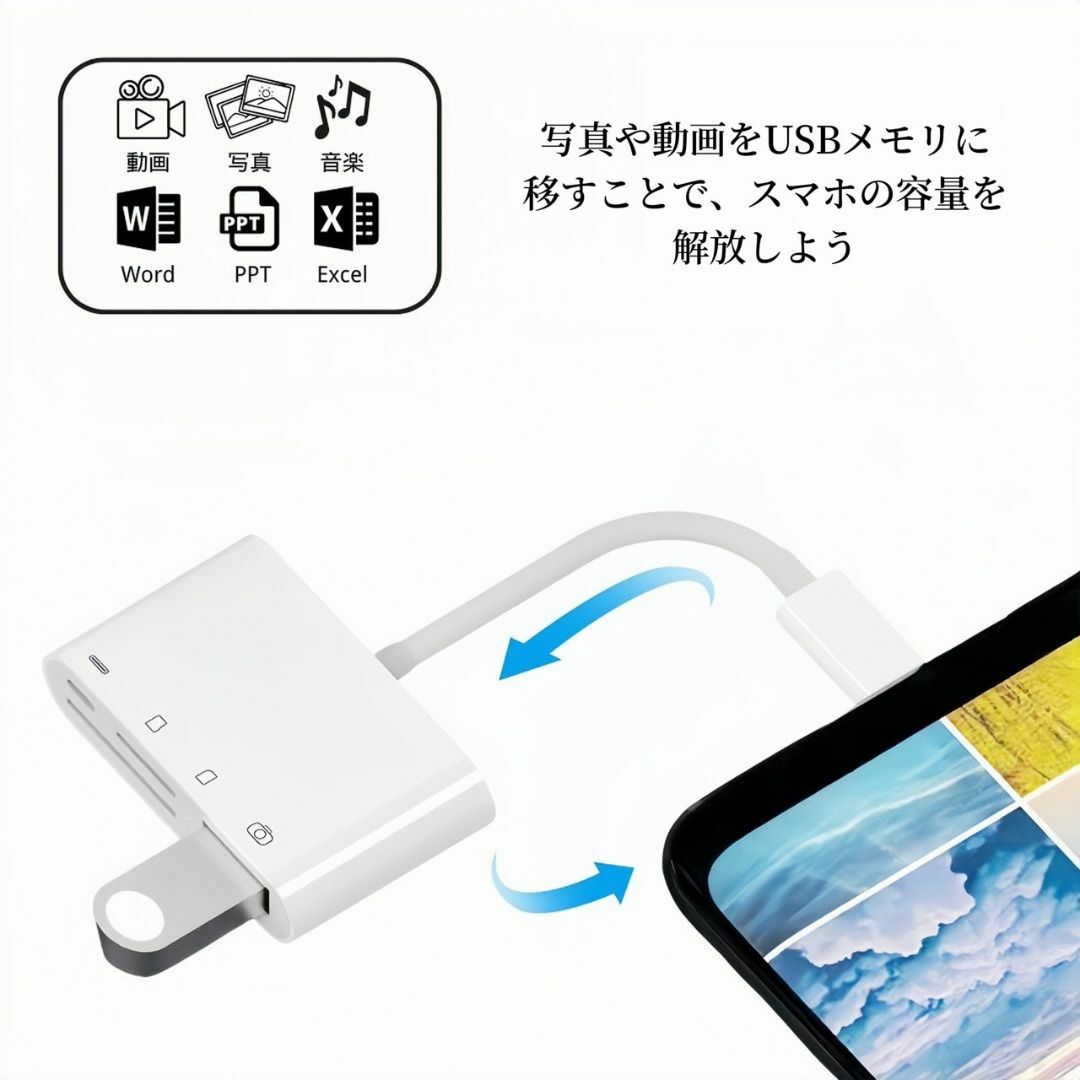 iPhone SDカードリーダー 4in1 変換アダプタ USB microSD スマホ/家電/カメラのスマホアクセサリー(その他)の商品写真