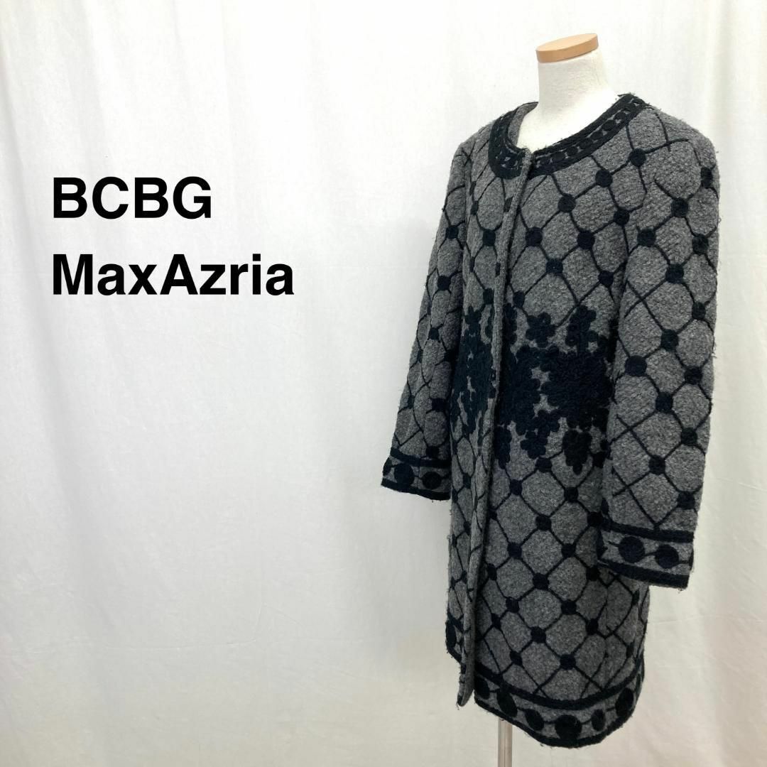 BCBGMAXAZRIA(ビーシービージーマックスアズリア)のBCBG MaxAzria ロングコート　ブラック　花　刺繍 グレー レディースのジャケット/アウター(ロングコート)の商品写真