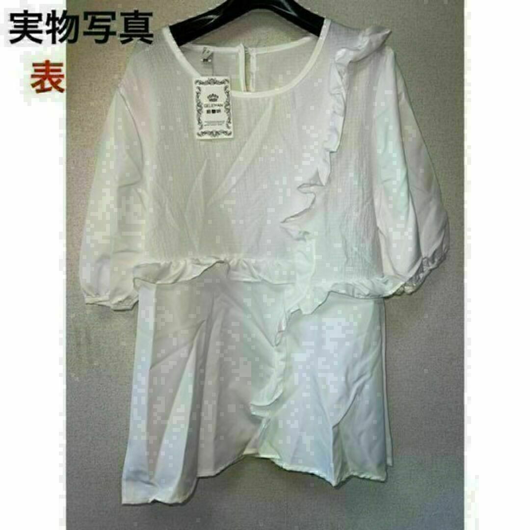 【ラスト1点】フリルブラウス ホワイト シンプル 半袖 シャツ 韓国 カジュアル レディースのトップス(シャツ/ブラウス(半袖/袖なし))の商品写真