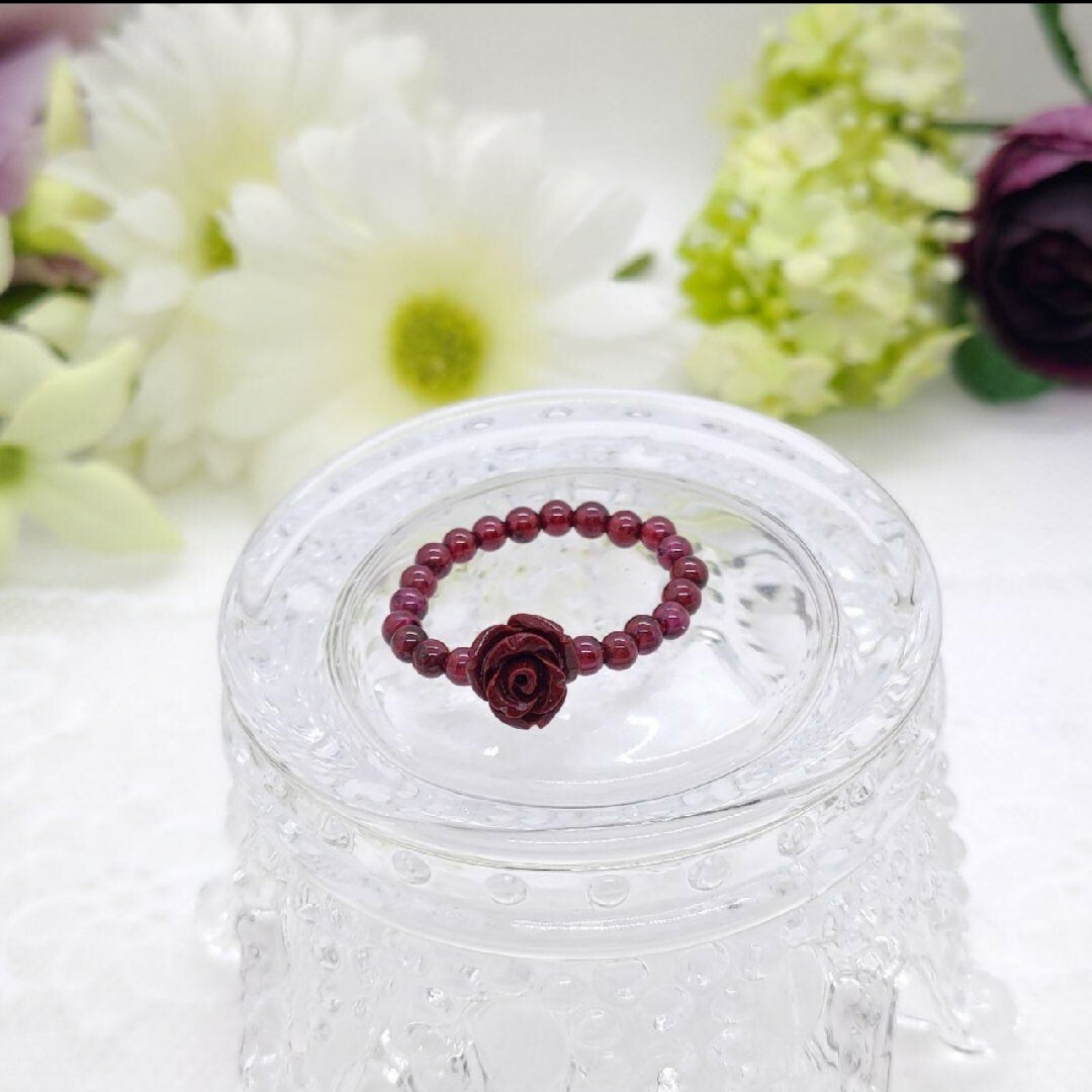 天然石リング(指輪)シナバー薔薇とロードライトガーネット、ラベアメの2点セット ハンドメイドのアクセサリー(リング)の商品写真