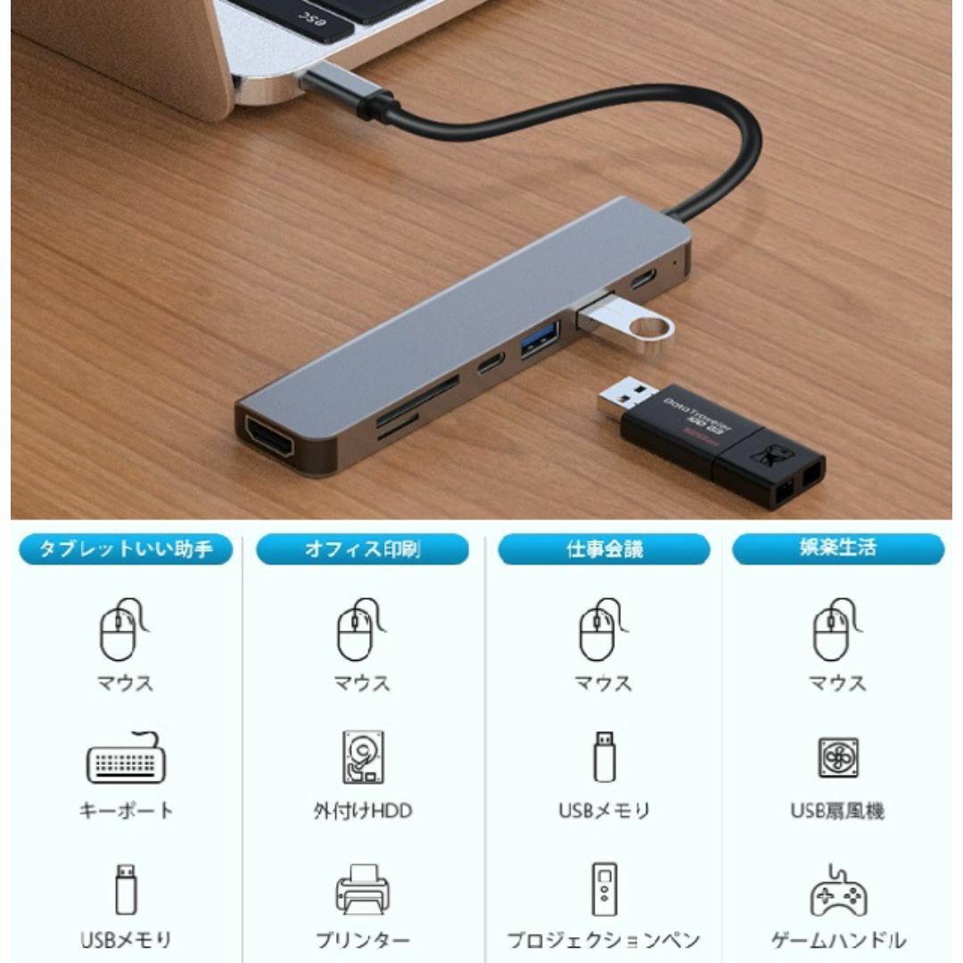 USB C ハブ 7in1 Type C 変換アダプタ PD 拡張ポート f2r スマホ/家電/カメラのテレビ/映像機器(映像用ケーブル)の商品写真