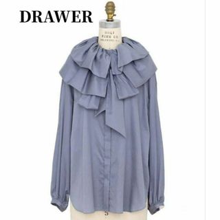 Drawer - 完売品 DRAWER ドゥロワー フリルリボンブラウス ブルーグレー 36