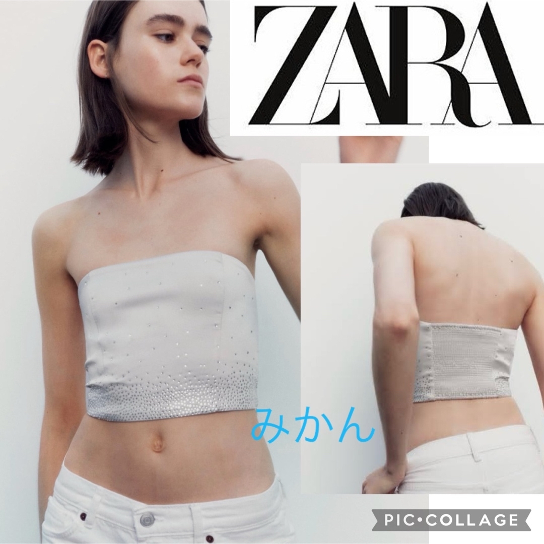 ZARA(ザラ)の今季完売品　新品　ZARA ザラ　ラインストーン　ベアトップ　クロップドトップス レディースのトップス(ベアトップ/チューブトップ)の商品写真