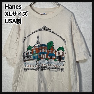 【ヘインズ】USA製Tシャツ　ビンテージ　シングルステッチ　街　紋章　塔47