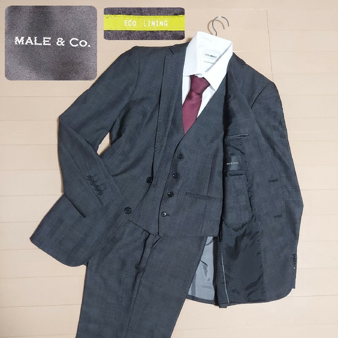 TAKA-Q(タカキュー)の(美品)MALE&CO スーツ 3ピース ダークグレー チェック Y6 メンズのスーツ(セットアップ)の商品写真