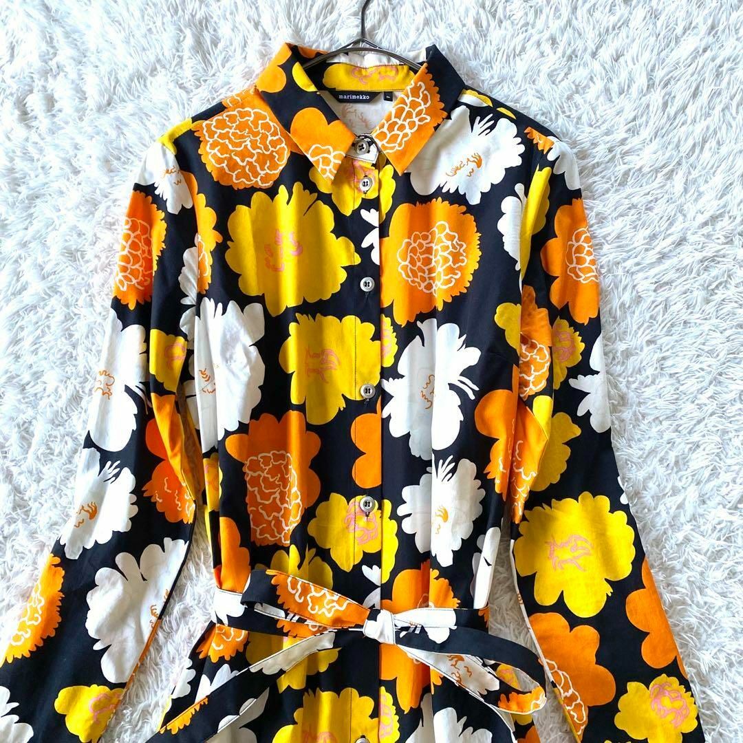 marimekko(マリメッコ)の極美品　マリメッコ　ウニッコ　花柄　シャツ　ワンピース　総柄　ベルト　オレンジ レディースのワンピース(ロングワンピース/マキシワンピース)の商品写真