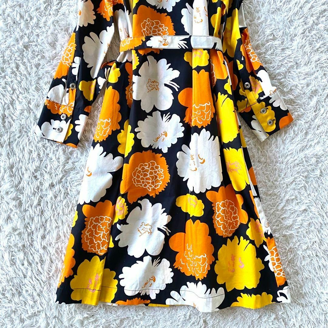 marimekko(マリメッコ)の極美品　マリメッコ　ウニッコ　花柄　シャツ　ワンピース　総柄　ベルト　オレンジ レディースのワンピース(ロングワンピース/マキシワンピース)の商品写真