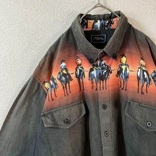 ヴィンテージ(VINTAGE)のQ2 ウエスタンデザインシャツ　ヴィンテージ　長袖　XLメンズ程度　ゆったり(Tシャツ/カットソー(七分/長袖))