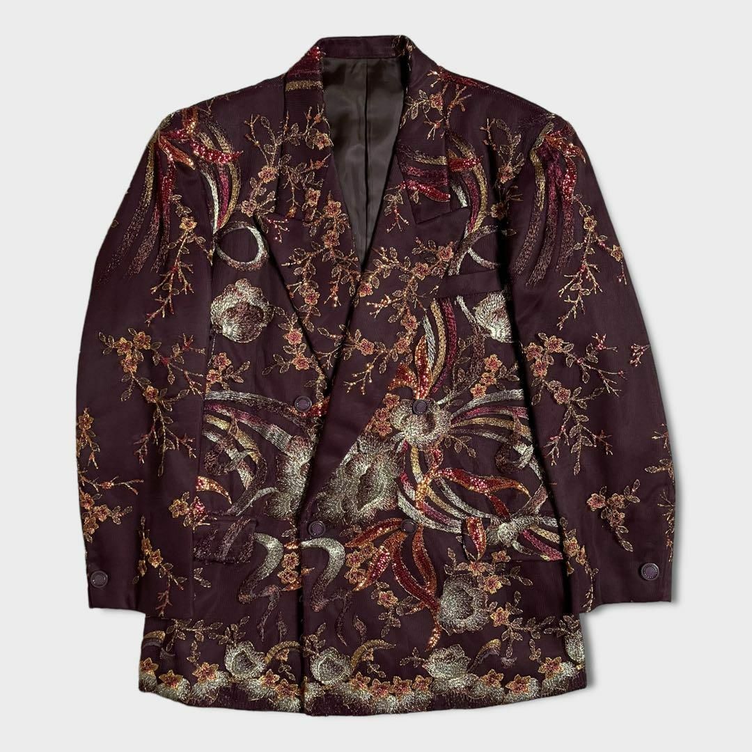 テーラードジャケット　ダブル　総柄　装飾　デザイン　紫　古着 その他のその他(その他)の商品写真