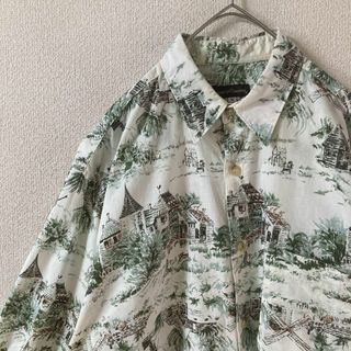 E2 カントリー調柄シャツ　長袖　フルデザイン　Mメンズ ゆったり　白系(Tシャツ/カットソー(七分/長袖))