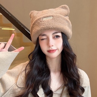 Y2k ニットキャップ 帽子 くま レディース 韓国 クマ 刺繍 ベージュ (ニット帽/ビーニー)