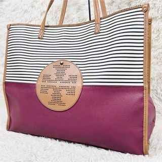 Tory Burch - 【良品】トリーバーチ　トートバッグ　A4収納　ボーダー　PVC　レザー　肩掛け