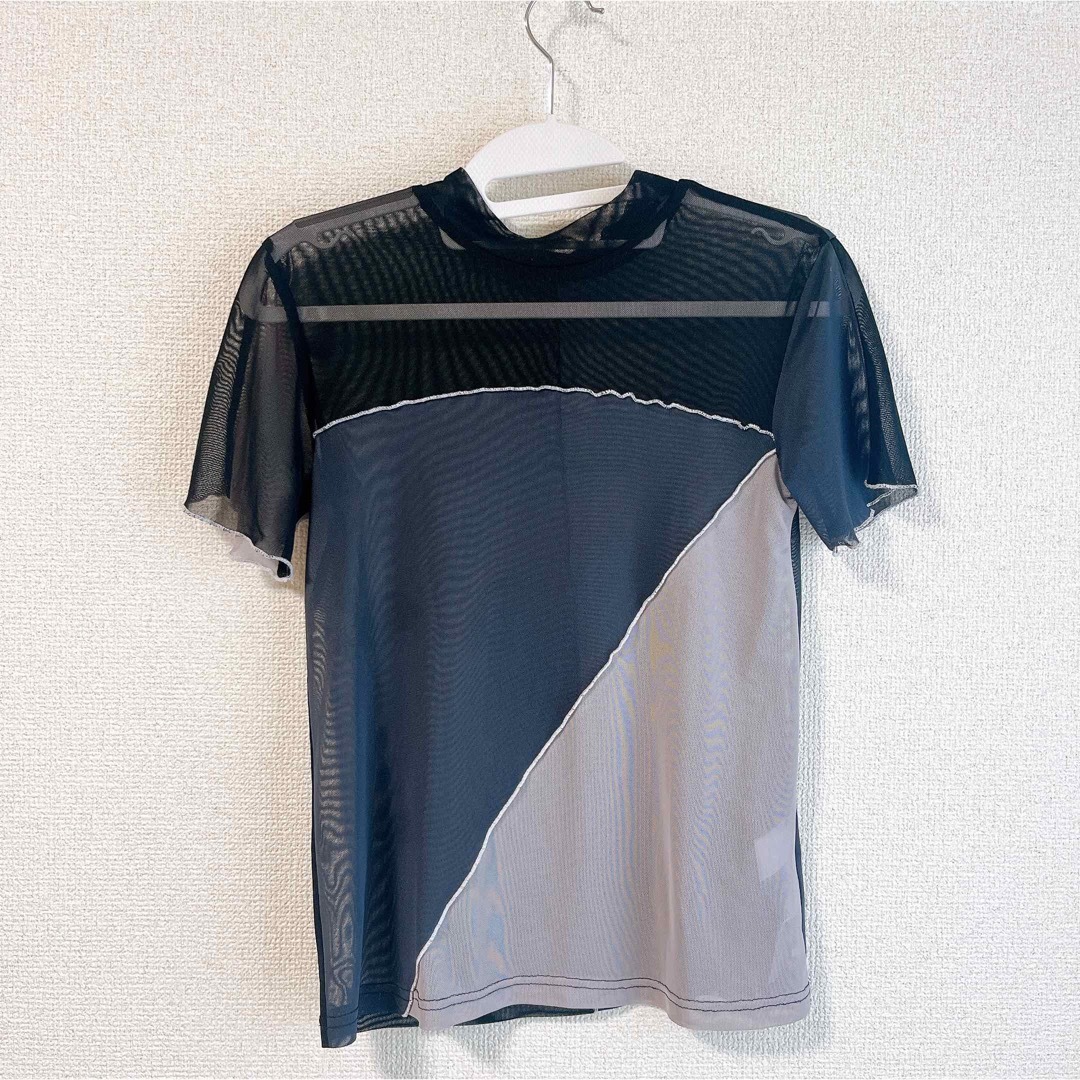 HARE(ハレ)のHARE ハレ 2WAY バイカラーシアートップス  半袖 ブラック グレー レディースのトップス(Tシャツ(半袖/袖なし))の商品写真