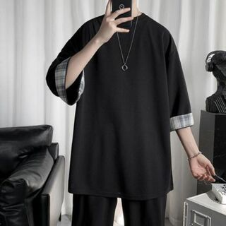 ✨新品未使用✨七分袖　Tシャツ チェック柄　オーバーサイズ 　ブラック(Tシャツ/カットソー(七分/長袖))
