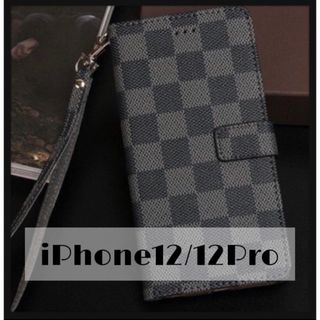 チェック柄 手帳型 iPhoneケース iPhone12/12Pro ブラック(iPhoneケース)