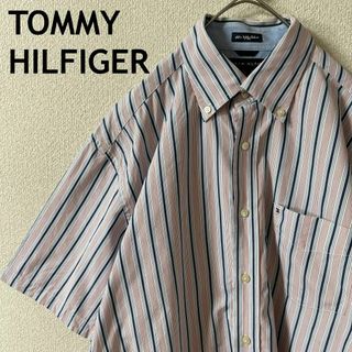 トミーヒルフィガー(TOMMY HILFIGER)のV3トミーヒルフィガー　ストライプシャツ　半袖　ゆったりMメンズ　ピンク系(Tシャツ/カットソー(半袖/袖なし))