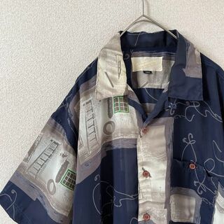 K2 アートデザインシャツ　総柄シャツ　オープンカラースクエア　長袖　Ｌメンズ(Tシャツ/カットソー(半袖/袖なし))