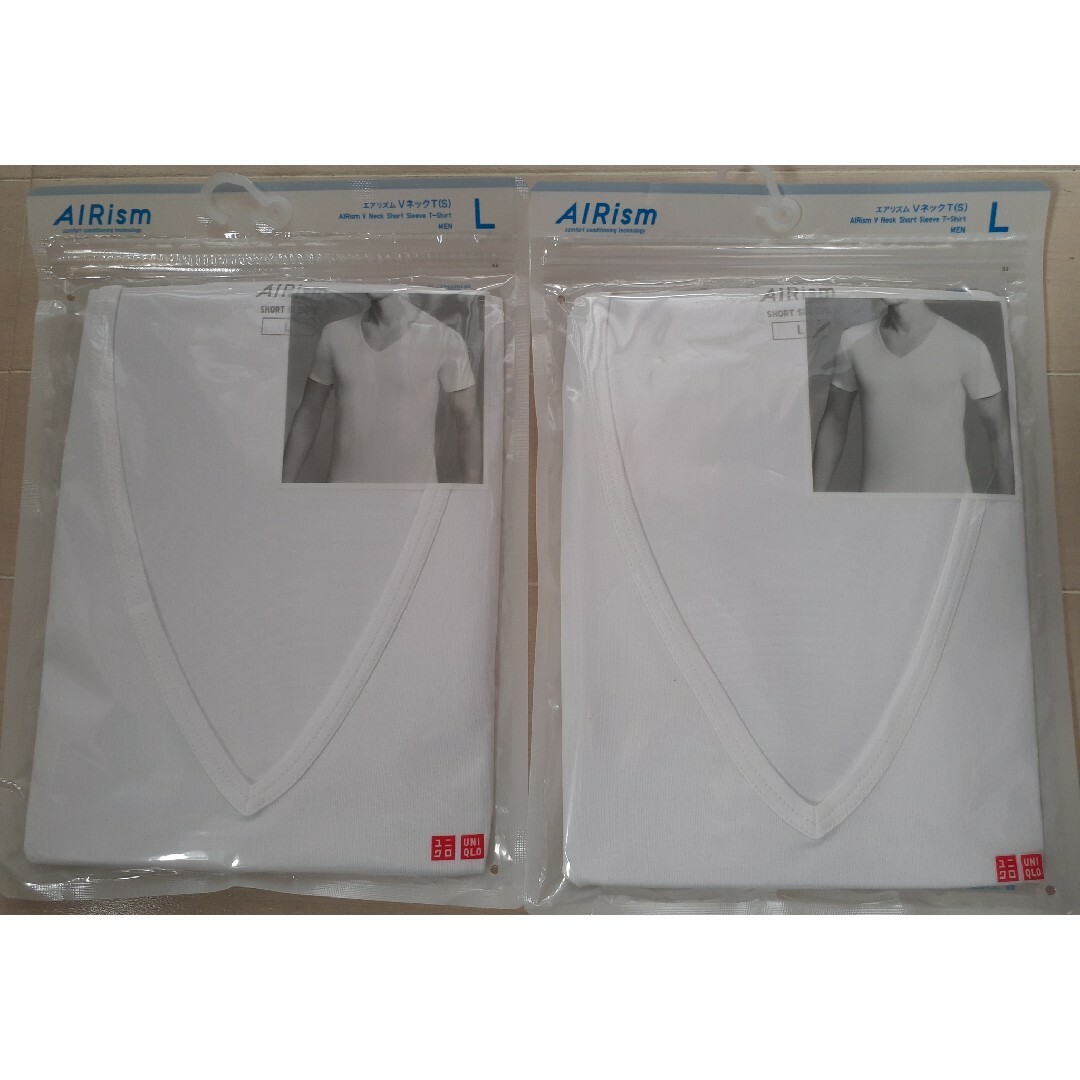 UNIQLO(ユニクロ)のユニクロ　エアリズム　L　白　Vネック　T　半袖　２枚セット メンズのトップス(Tシャツ/カットソー(半袖/袖なし))の商品写真