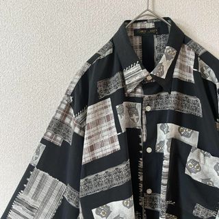 Y1パターン柄シャツ　デザインポリシャツ　ゆったり　Mメンズ 長袖　黒系(Tシャツ/カットソー(七分/長袖))