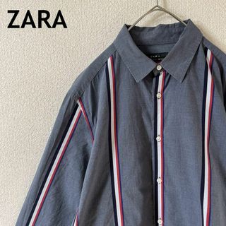 Y1 ZARAストライプシャツ　長袖　リラックスフィット　コットン　Mメンズ灰系