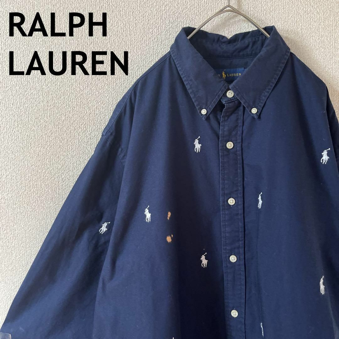 Ralph Lauren(ラルフローレン)のV3ラルフローレン　オックスフォード白刺繍ポニー長袖パターン柄シャツ紺XLメンズ メンズのトップス(Tシャツ/カットソー(七分/長袖))の商品写真