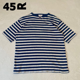 フォーティファイブアール(45R)の45R インディゴ　天竺　刺繍　ボーダー　Tシャツ　半袖　XL(シャツ)