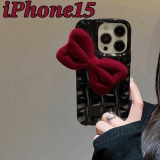 【大人気】iPhone15 ケース ビッグリボン ブラック 上品 韓国 トレンド(iPhoneケース)