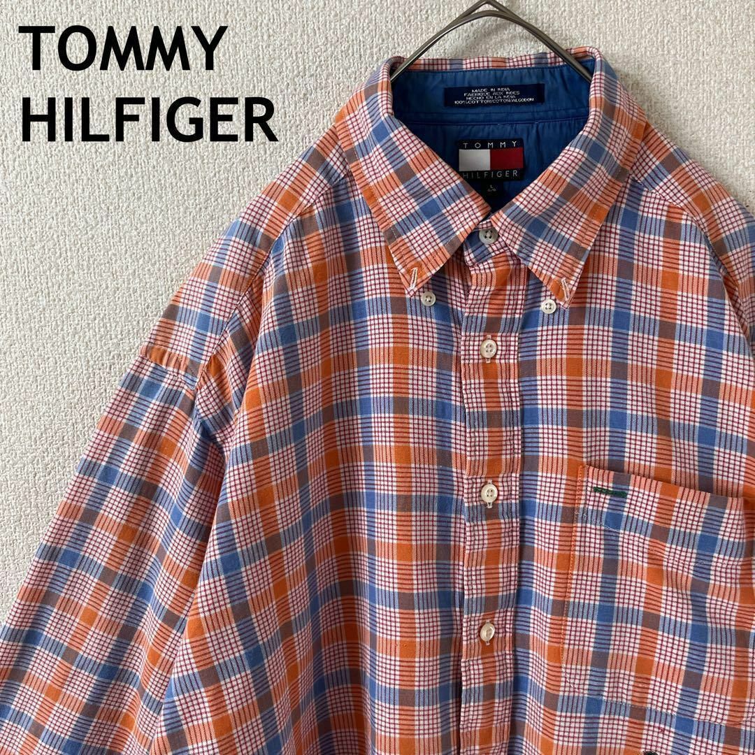 TOMMY HILFIGER(トミーヒルフィガー)のL3 トミーヒルフィガー　チェック柄シャツ　長袖　ゆったり　Ｌメンズ オレンジ系 メンズのトップス(Tシャツ/カットソー(七分/長袖))の商品写真