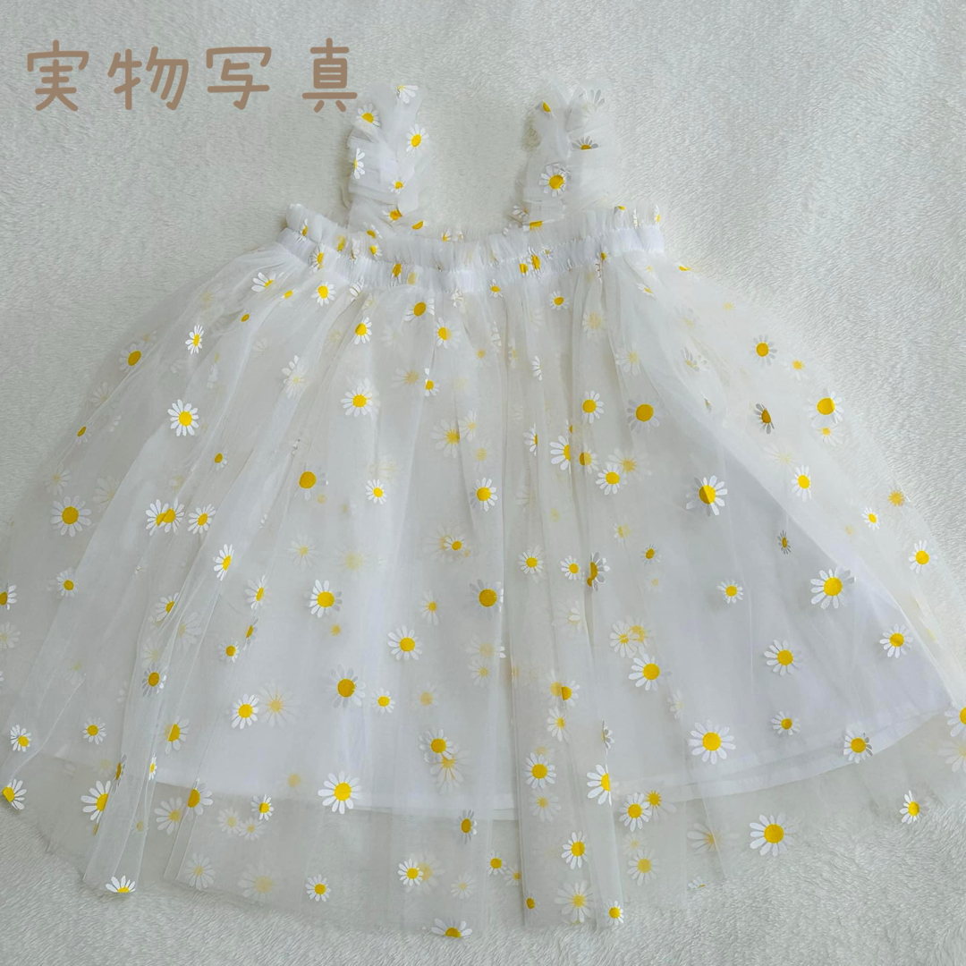 110　ホワイト　花柄　ワンピース　女の子　キッズ　チュール　可愛い　おしゃれ キッズ/ベビー/マタニティのキッズ服女の子用(90cm~)(ワンピース)の商品写真