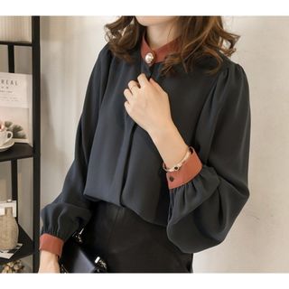 【再入荷】 ブラウス ゆったり シフォン ダークブルー Lサイズ オフィス 上品(シャツ/ブラウス(長袖/七分))