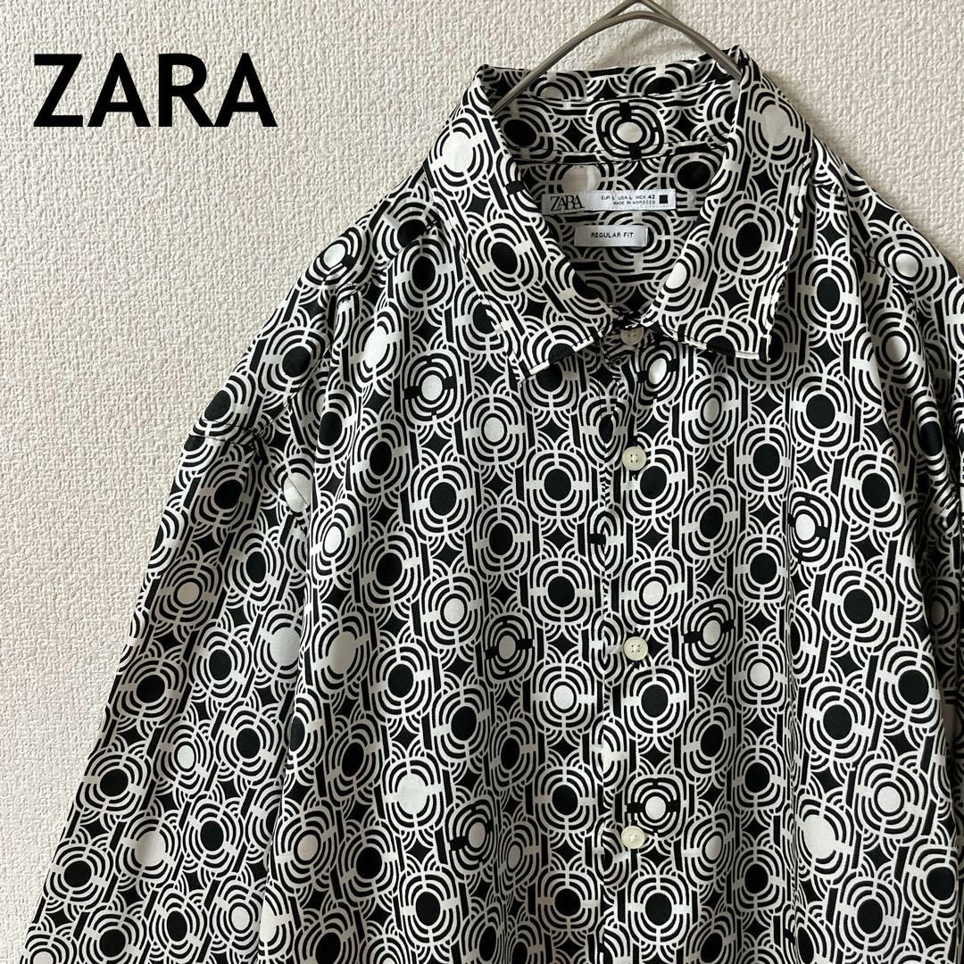 ZARA(ザラ)のK2 ZARAパターン柄シャツ幾何学模様 スクエアテイル長袖Ｌメンズモノトーン メンズのトップス(Tシャツ/カットソー(七分/長袖))の商品写真