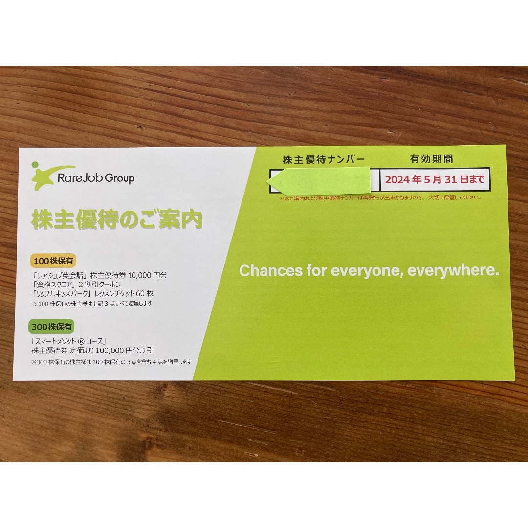 レアジョブ英会話　100株保有　株主優待1万円他 チケットの優待券/割引券(その他)の商品写真