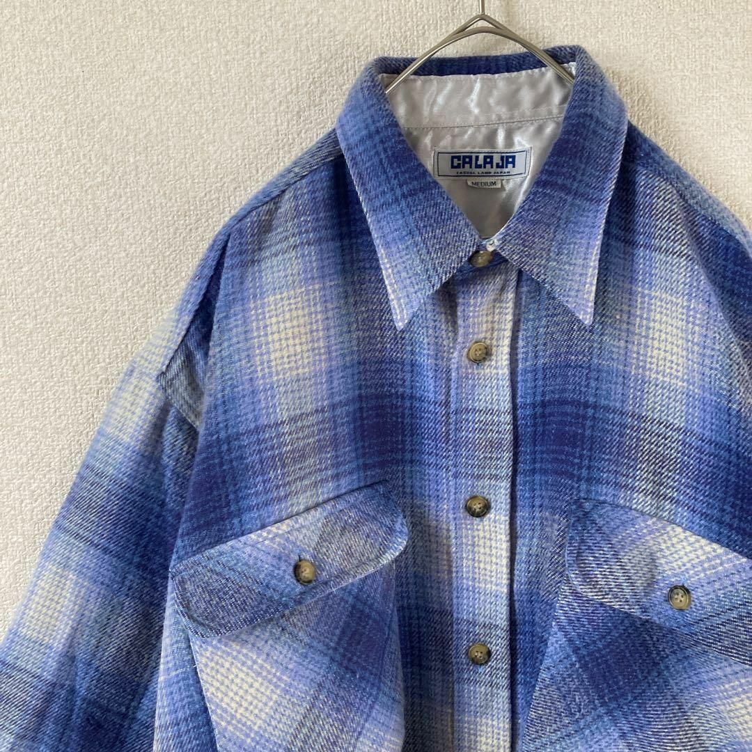 T1 オンブレチェックシャツ　長袖　ウールアクリル系　Mメンズ ゆったり　青系 メンズのトップス(Tシャツ/カットソー(七分/長袖))の商品写真