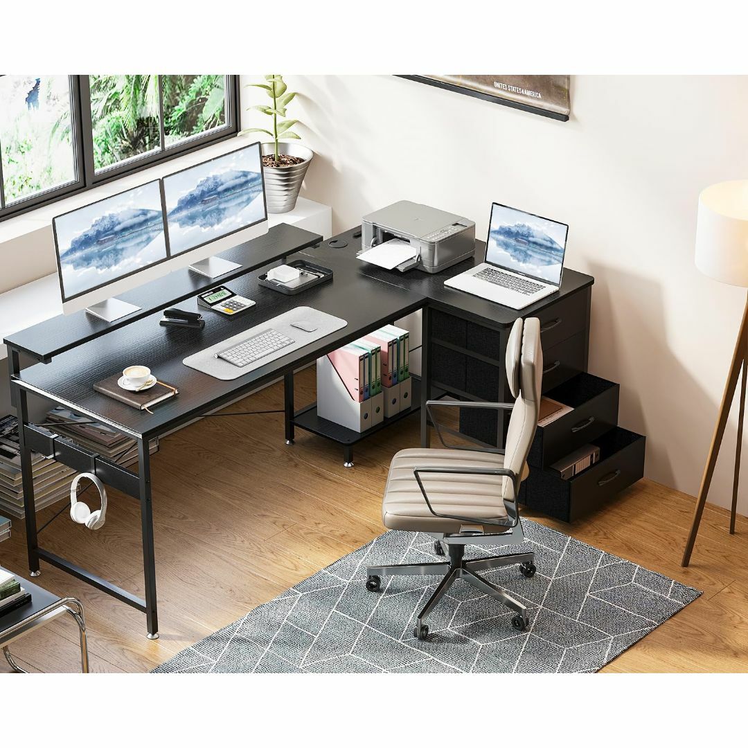 【色: ブラック】ODK l字デスク パソコンデスク 引き出し4杯付き 幅160 インテリア/住まい/日用品のオフィス家具(オフィス/パソコンデスク)の商品写真