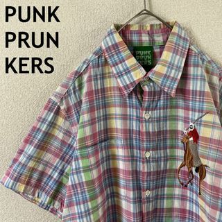 パンクドランカーズ(PUNK DRUNKERS)のL1パンクドランカーズ　チェックシャツ　半袖　刺繍ロゴ　般若ポニー　Ｌメンズ(Tシャツ/カットソー(半袖/袖なし))