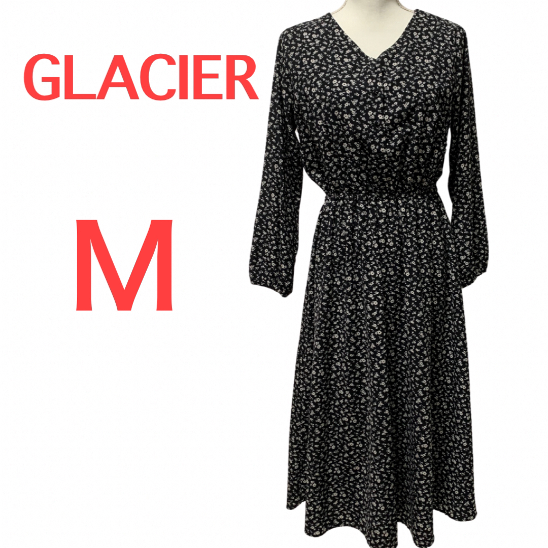 【美品】GLACIER☆花柄ミモレ丈ワンピース☆前ボタン☆ウエストゴム☆黒＆白 レディースのワンピース(ロングワンピース/マキシワンピース)の商品写真